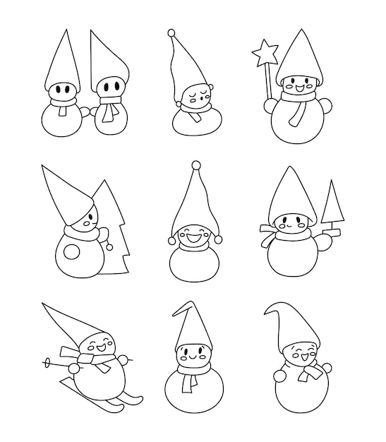 Hombre de nieve de Navidad lindo Página para colorear Personaje alegre con diferentes bufandas y sombreros
