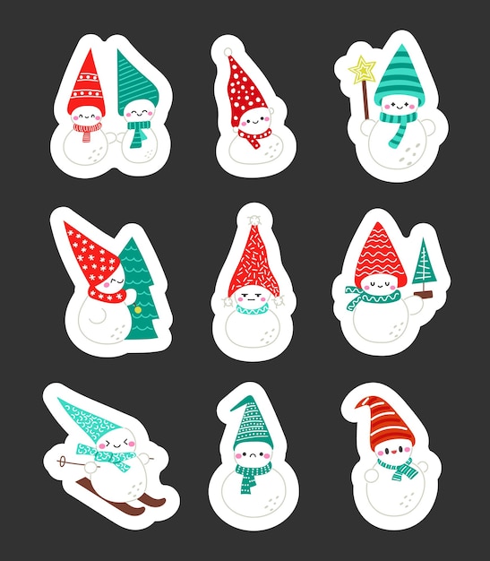 Vector hombre de nieve de navidad lindo pegatina marcador personaje alegre en diferentes bufandas y sombreros