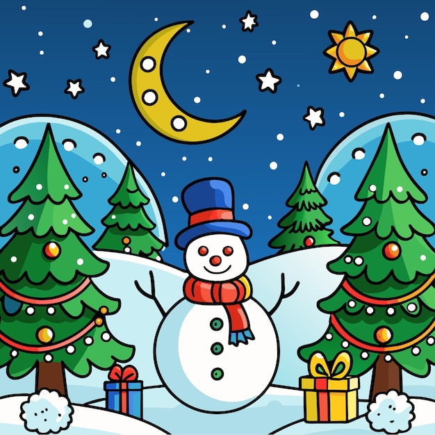 Hombre de nieve de Navidad con muchas cajas de regalos y árbol decorado personaje de dibujos animados dibujado a mano