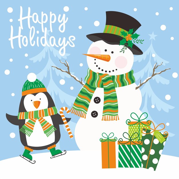 un hombre de nieve con un pingüino y un hombre de Nieve con regalos