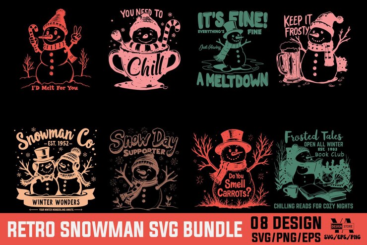 Vector hombre de nieve retro navidad de invierno para camiseta