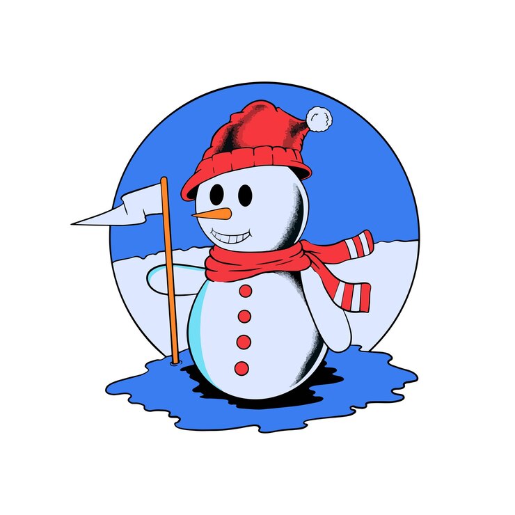 Hombre de nieve con sombrero sosteniendo una bandera