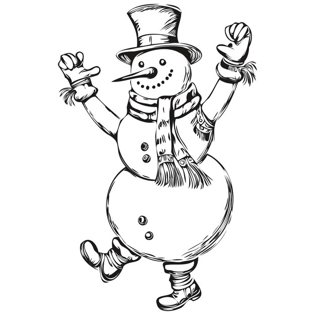 Vector hombre de nieve vintage ilustración grabada esbozo detallado del hombre de nieve de navidad diseño y clase aislados