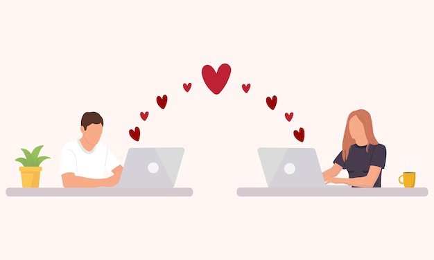 Vector el hombre y la niña se comunican en internet. pareja romántica conversando en internet. relación a distancia y amor virtual.