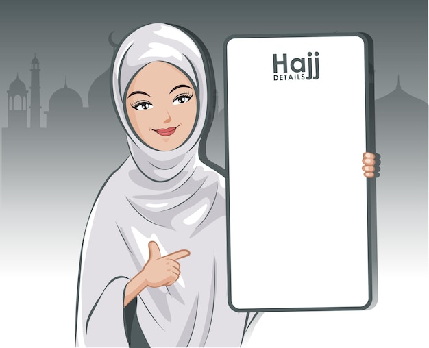El hombre y la niña musulmanes están dando una descripción detallada de la tecnología de uso del teléfono en línea Hajj.