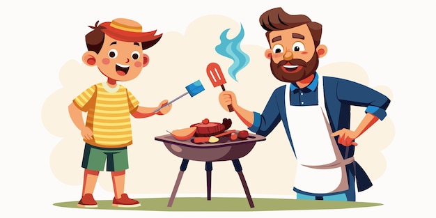un hombre y un niño cocinando comida con un hombre cocinando en una parrilla