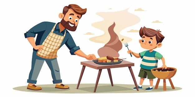 un hombre y un niño cocinando en una parrilla con un hombre cocinando carne