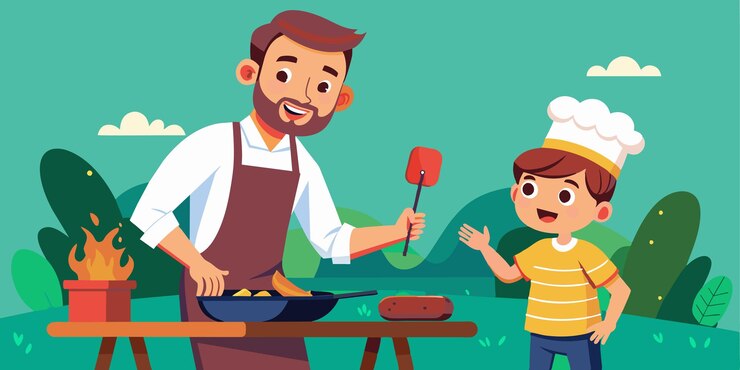 Vector un hombre y un niño cocinando en una sartén con un hombre cocinando con una espátula