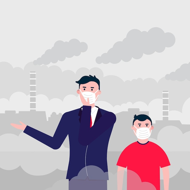 Hombre y niño confundidos con máscaras contra el smog Polvo fino Contaminación del aire Protección contra el smog industrial