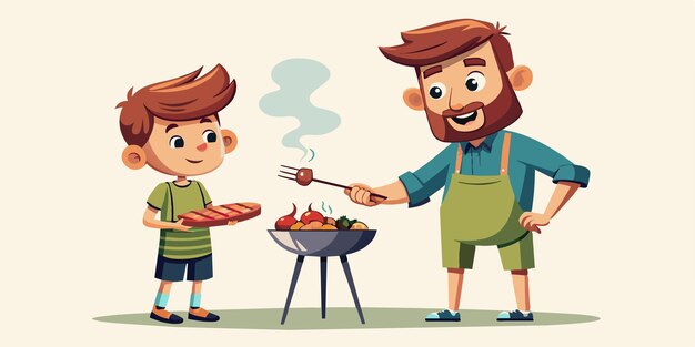 un hombre y un niño están cocinando carne en una parrilla