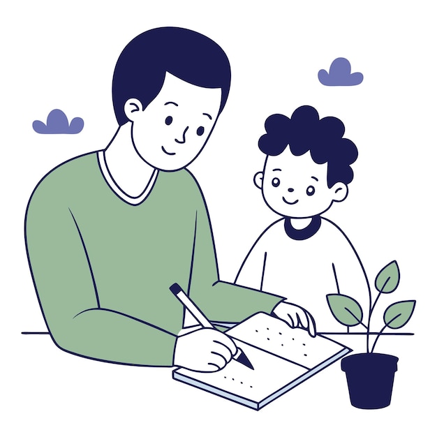 un hombre y un niño están escribiendo con un libro que dice "el niño está escribiendo"