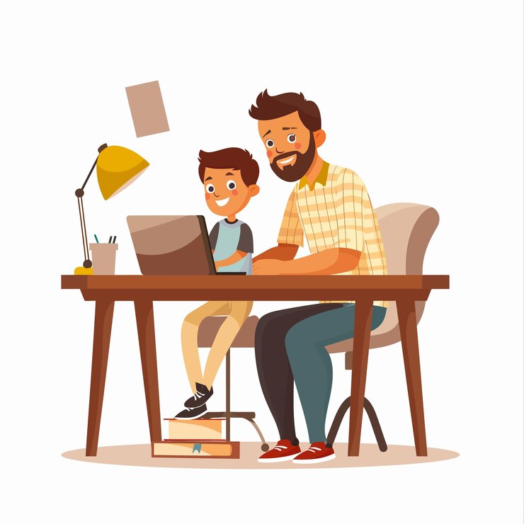 Vector un hombre y un niño están trabajando en una computadora portátil