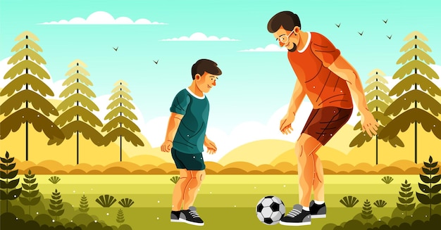 Vector un, hombre, y, un, niño, juego, fútbol, en, un, campo