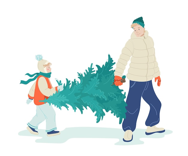 un hombre y un niño llevan un árbol de Navidad