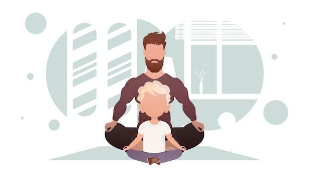 Vector un hombre con un niño pequeño está sentado meditando en la posición de loto estilo de dibujos animados de yoga