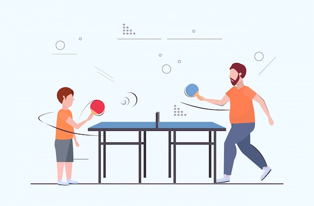 Hombre y niño con raquetas sobrepeso padre e hijo jugando ping pong tenis de mesa pérdida de peso concepto de obesidad plana de longitud completa horizontal