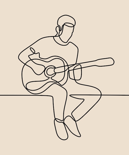 Vector hombre, niño, tocar la guitarra, en línea, continuo, línea única, arte