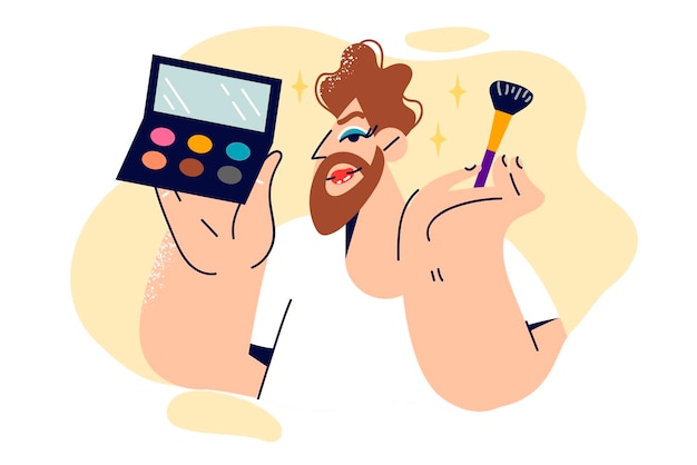 Vector el hombre no binario hace su propio maquillaje y sostiene un pincel con polvo multicolor y un espejo