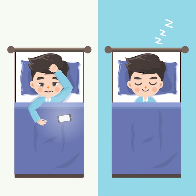 El hombre no puede dormir y lo hace dormir cómodamente sin teléfonos móviles.