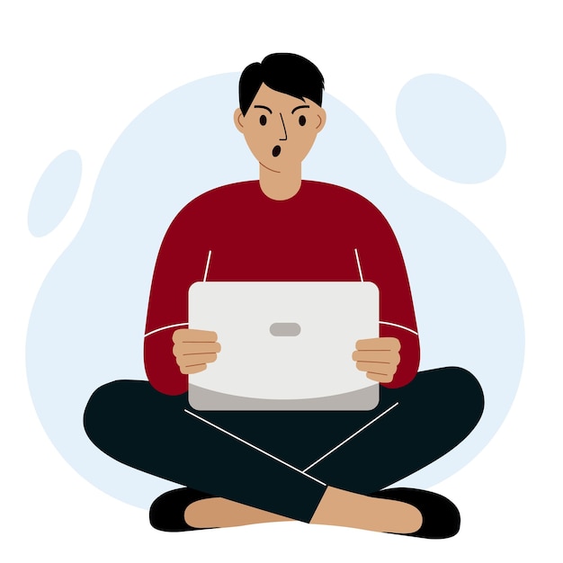 Un hombre o un chico se sienta y trabaja en una computadora portátil. Trabajo a distancia o comunicación a través de Internet. Enojado, molesto. Vector ilustración plana.