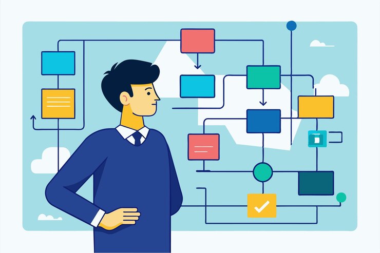 Vector un hombre observa un diagrama de flujo que refleja las estrategias en un entorno de oficina contemporáneo.