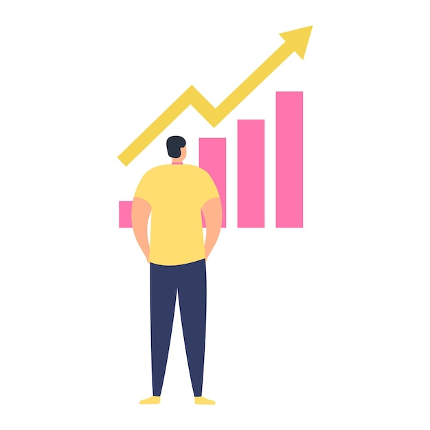 Hombre observando gráfico de crecimiento con flecha de tendencia ascendente progreso empresarial y analista exitoso analizando la ilustración vectorial de datos financieros