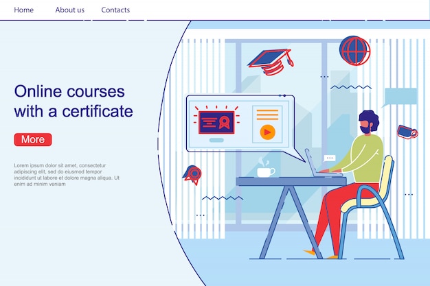 El hombre obtiene el diploma en la página de inicio del curso profesional a distancia