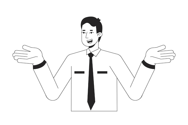 Hombre de oficina encogiéndose de hombros en confusión línea plana blanco negro personaje vectorial contorno editable mitad del cuerpo persona en blanco simple dibujos animados ilustración de punto aislado para diseño gráfico web
