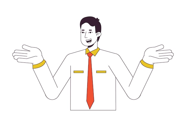 Hombre de oficina encogiéndose de hombros en confusión línea plana carácter vectorial de color contorno editable mitad del cuerpo persona en blanco empleado sin idea simple spot de dibujos animados ilustración para diseño gráfico web