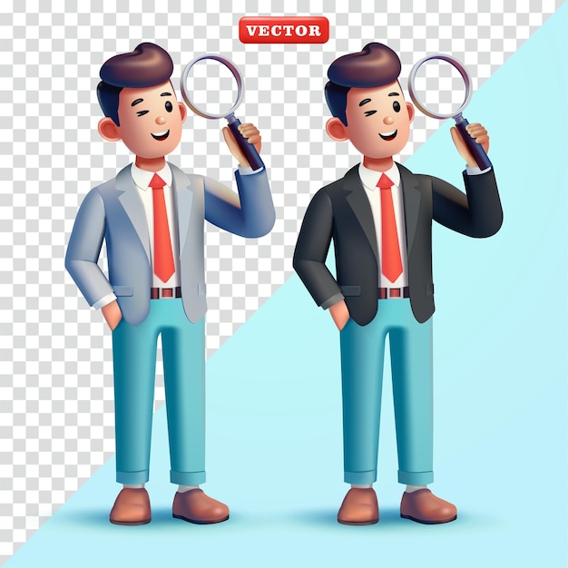 Hombre de oficina mirando con lupa 3d vector adecuado para la carrera de negocios y elementos de diseño