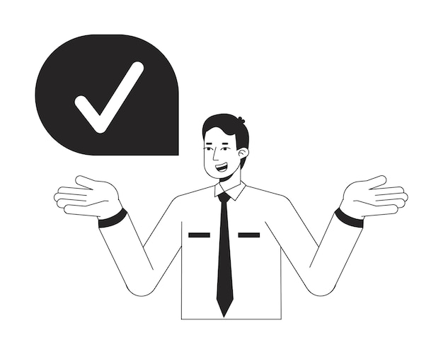 Hombre de oficina con sí marca de comprobación bw concepto vector ilustración de punto