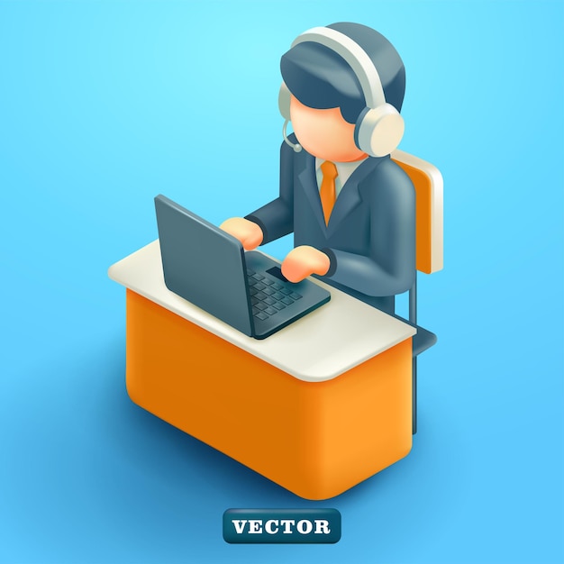 Vector hombre de oficina trabajando frente a una computadora portátil vectorial 3d adecuado para el trabajo de servicio al cliente y negocios
