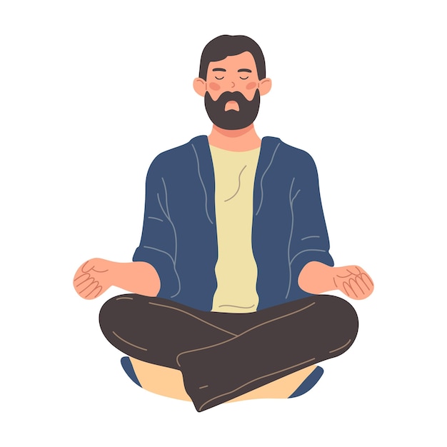 Hombre con los ojos cerrados meditando con las piernas cruzadas. Chico joven practicando meditación, respiración.