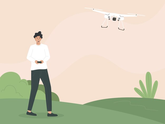 Hombre operando un dron flotante con control remoto