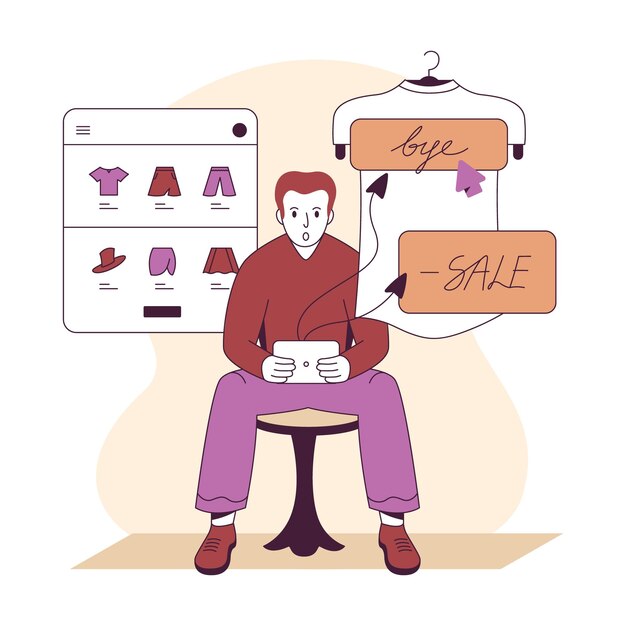 Hombre ordenando prendas de vestir a través de tabletas y aplicaciones móviles de compras en Internet