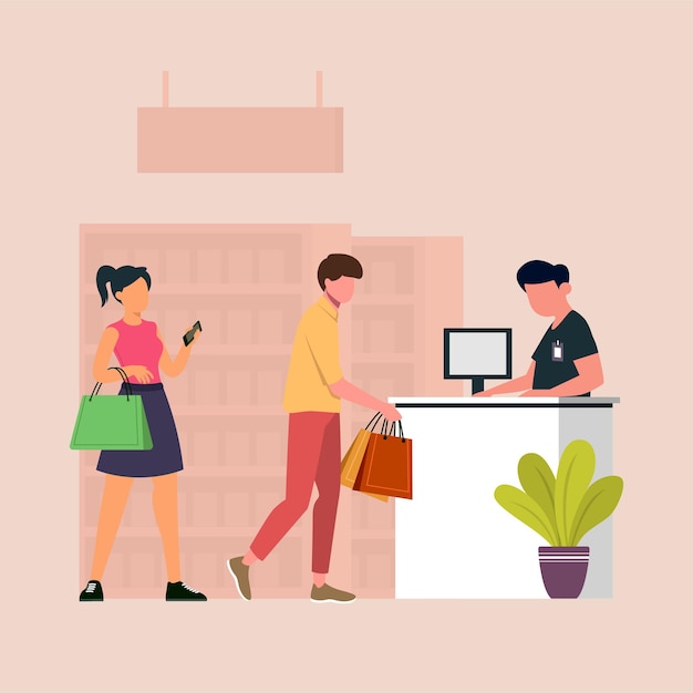Hombre pagando bienes y mujeres sosteniendo bolsas de compras esperando en línea frente a la cola de clientes de la caja en la tienda minorista o supermercado Vector ilustración colorida