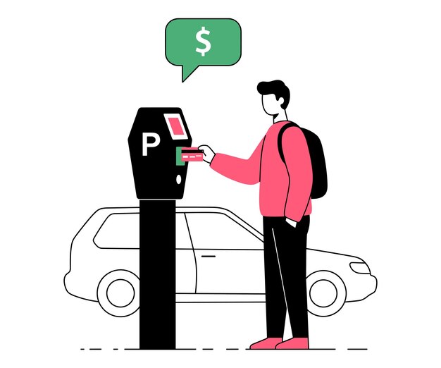 Hombre de pago de estacionamiento usando ilustración vectorial del medidor