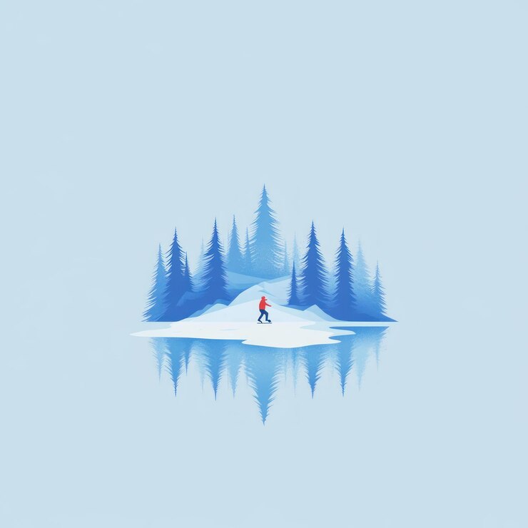 El hombre del país de las maravillas de invierno patinando en el lago congelado con el reflejo de los pinos