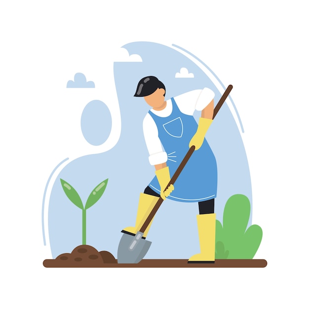 Un hombre con una pala planta plántulas. agricultor siembra de hortalizas con pala. concepto de jardinería, agricultura. ilustración plana.