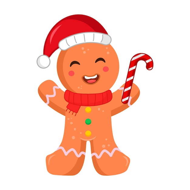 Hombre de pan de jengibre lindo sosteniendo caña de caramelo de Navidad mientras levanta la mano