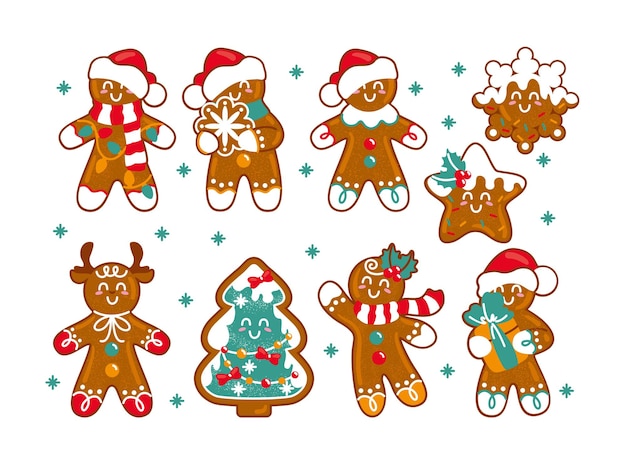 Hombre de pan de jengibre y otras galletas navideñas tradicionales Conjunto de pegatinas decoración navideña Vector