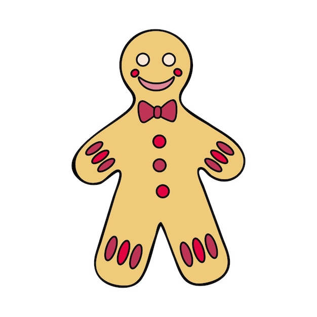 Hombre de pan de jengibre con pajarita Galletas dulces de Navidad Feliz año nuevo Viva Mangenta Ilustración plana dibujada a mano