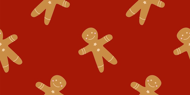 Hombre de pan de jengibre en patrón sin costuras rojo Navidad dulce vacaciones de fondo plantilla de galletas de temporada para caja de regalo papel de envoltura tarjeta de papel tapiz embalaje textil tela vector ilustración plana