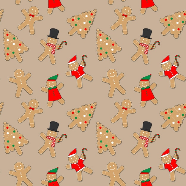 Hombre de pan de jengibre de patrones sin fisuras hombre de pan de jengibre lindo y fondo de vector de árbol de navidad