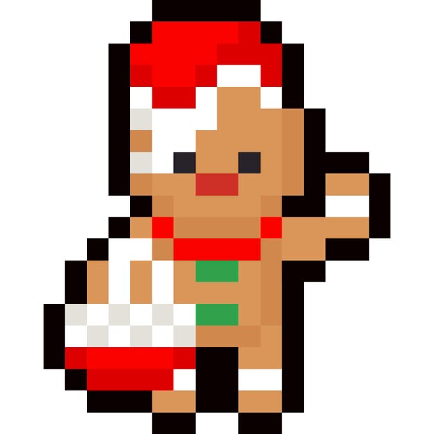 Hombre de pan de jengibre de pixel art con sombrero de Papá Noel y canasta