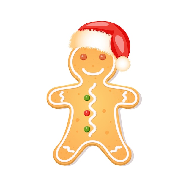 Vector hombre de pan de jengibre con sombrero de navidad de santa. productos horneados festivos de año nuevo.