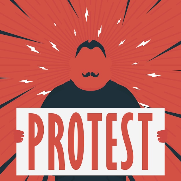 Un hombre con una pancarta en sus manos y protesta de texto Arte pop Estilo de dibujos animados Vector