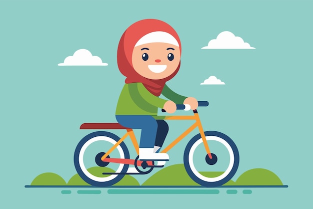 Un hombre con un pañuelo rojo en la cabeza monta una bicicleta una chica musulmana monta una bicicleta con una gran sonrisa en su cara ilustración vectorial plana simple y minimalista