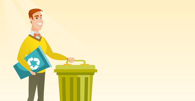 Hombre con papelera de reciclaje y bote de basura.