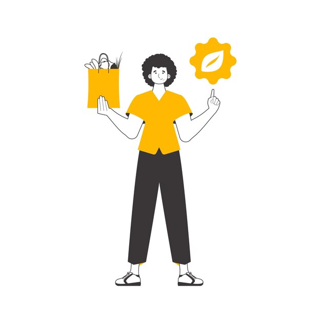 Un hombre un paquete con productos y un logotipo ecológico el concepto de consumo razonable estilo de moda lineal aislado sobre fondo blanco ilustración vectorial